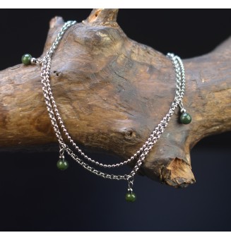 Bracelet de cheville double chaine en acier inoxydable, avec perles de verre "KAKI" 23cm + 3 cm