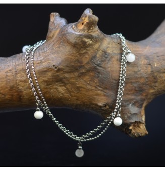 Bracelet de cheville double chaine en acier inoxydable, avec perles de verre "Blanc" 23cm + 3 cm