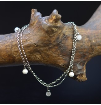 Bracelet de cheville double chaine en acier inoxydable, avec perles de verre "Blanc" 23cm + 3 cm