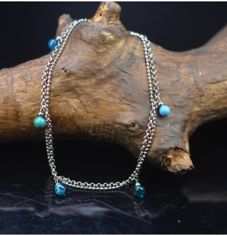 Bracelet de cheville double chaine en acier inoxydable, avec perles de verre "bleu vert" 23cm + 3 cm