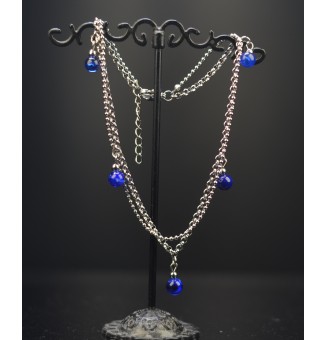 Bracelet de cheville double chaine en acier inoxydable, avec perles de verre "Bleu " 24 cm + 3 cm