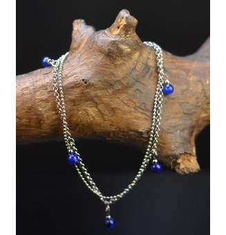 Bracelet de cheville double chaine en acier inoxydable, avec perles de verre "Bleu " 24 cm + 3 cm