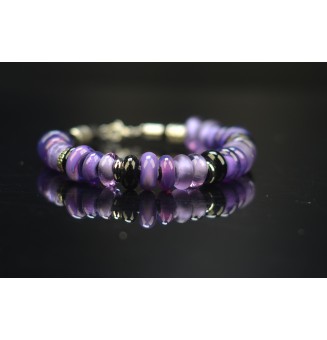 Bracelet en perles de verre "noir et violet" CUIR Noir (pour poignet 17.5 à 18.5 cm)