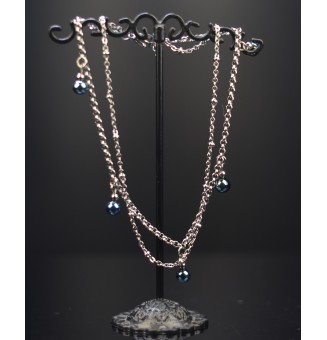Bracelet de cheville double chaine en acier inoxydable, avec perles de verre "Bleu métallisé" 24cm + 3 cm