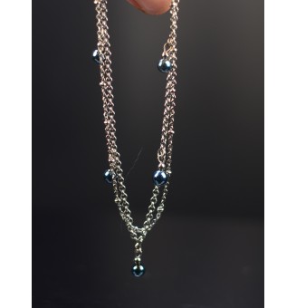 Bracelet de cheville double chaine en acier inoxydable, avec perles de verre "Bleu métallisé" 24cm + 3 cm
