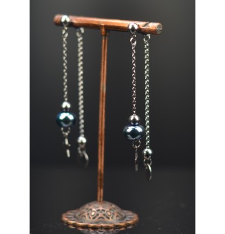 Boucles d'oreilles "bleu métallisé" double pendants en  acier inoxydable avec perles de verre