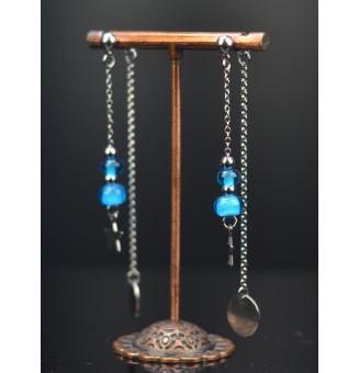 Boucles d'oreilles "turquoise" double pendants en  acier inoxydable avec perles de verre
