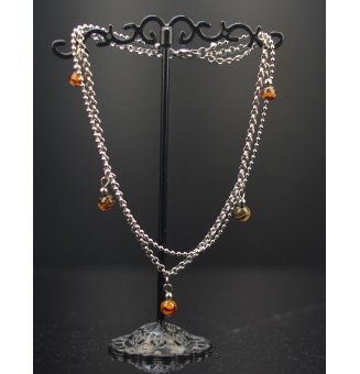 Bracelet de cheville double chaine en acier inoxydable, avec perles de verre "noires et caramel" 24cm + 3 cm