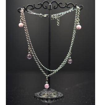 Bracelet de cheville double chaine en acier inoxydable, avec perles de verre "rose" 24.5cm + 3 cm