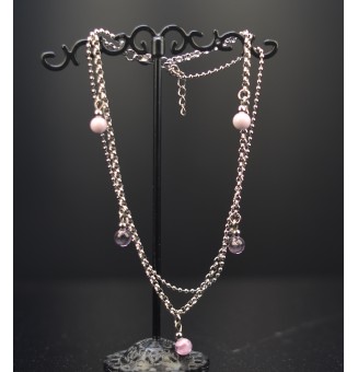 Bracelet de cheville double chaine en acier inoxydable, avec perles de verre "rose" 24.5cm + 3 cm