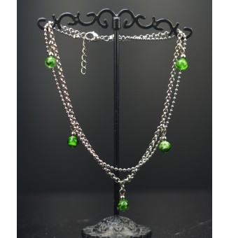 Bracelet de cheville double chaine en acier inoxydable, avec perles de verre "vert rosetta" 24cm + 3 cm