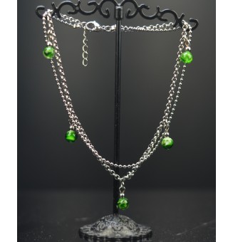 Bracelet de cheville double chaine en acier inoxydable, avec perles de verre "vert rosetta" 24cm + 3 cm