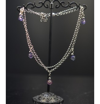 Bracelet de cheville double chaine en acier inoxydable, avec perles de verre "violet" 23cm + 3 cm