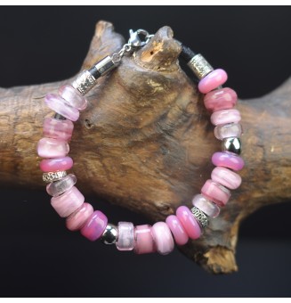 Bracelet en perles de verre "rose" CUIR Noir (pour poignet 17.5 à 18.5 cm)