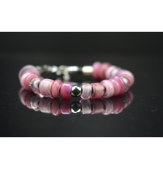 Bracelet en perles de verre "rose" CUIR Noir (pour poignet 17.5 à 18.5 cm)