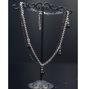 Bracelet de cheville double chaine en acier inoxydable, avec perles de verre "noires" 25cm + 3 cm