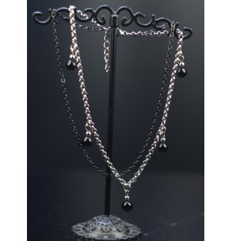 Bracelet de cheville double chaine en acier inoxydable, avec perles de verre "noires" 25cm + 3 cm