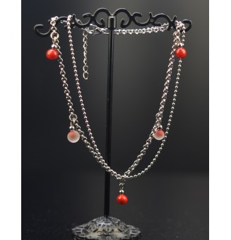 Bracelet de cheville double chaine en acier inoxydable, avec perles de verre "ROUGE" 23cm + 3 cm