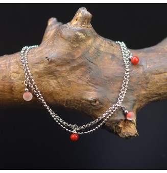 Bracelet de cheville double chaine en acier inoxydable, avec perles de verre "ROUGE" 23cm + 3 cm