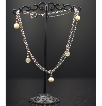 Bracelet de cheville double chaine en acier inoxydable, avec perles de verre "ivoire" 23.5 cm + 3 cm