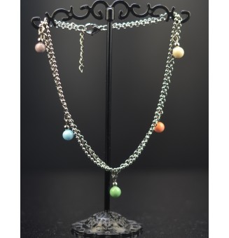 Bracelet de cheville double chaine en acier inoxydable, avec perles de verre "pastel" 23.5 cm + 3 cm