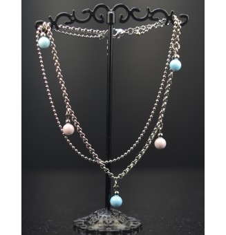 Bracelet de cheville double chaine en acier inoxydable, avec perles de verre "bleu et rose clair" 24 cm + 3 cm