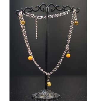 Bracelet de cheville double chaine en acier inoxydable, avec perles de verre "jaune" 24 cm + 3 cm