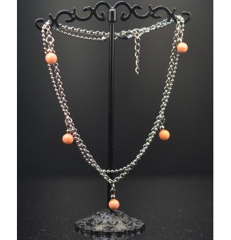 Bracelet de cheville double chaine en acier inoxydable, avec perles de verre "abricot" 25 cm + 3 cm