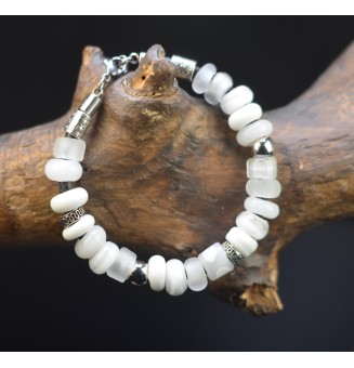 Bracelet en perles de verre "blanc" CUIR Noir (pour poignet 18 à 19 cm)