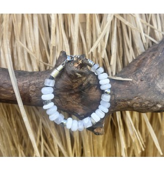 Bracelet en perles de verre "blanc" CUIR Noir (pour poignet 18 à 19 cm)