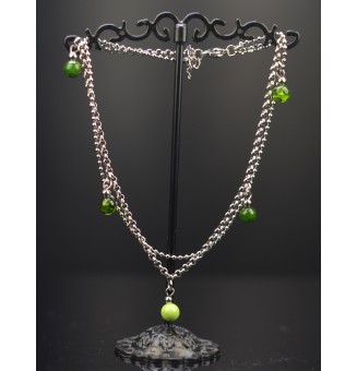 Bracelet de cheville double chaine en acier inoxydable, avec perles de verre "vertes" 24 cm + 3 cm