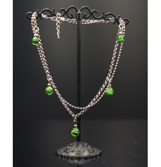 Bracelet de cheville double chaine en acier inoxydable, avec perles de verre "vert rosetta" 23 cm + 3 cm