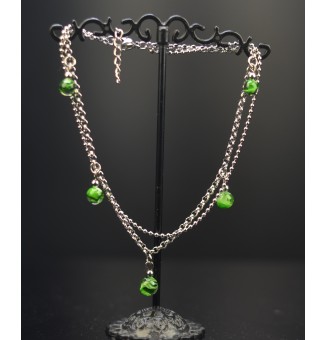 Bracelet de cheville double chaine en acier inoxydable, avec perles de verre "vert rosetta" 23 cm + 3 cm