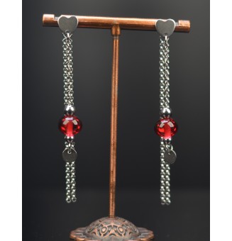 Boucles d'oreilles "rubis" double pendants en  acier inoxydable avec perles de verre
