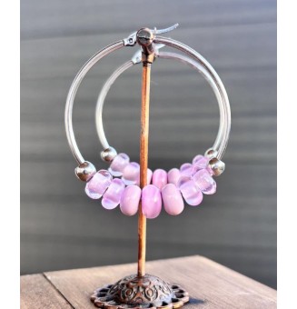 Créoles 5 cm en Acier Inoxydable avec perles de verre rose