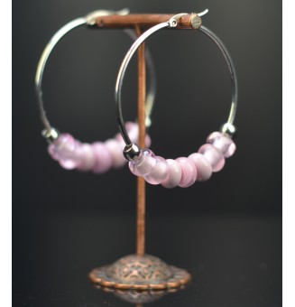 Créoles 5 cm en Acier Inoxydable avec perles de verre rose
