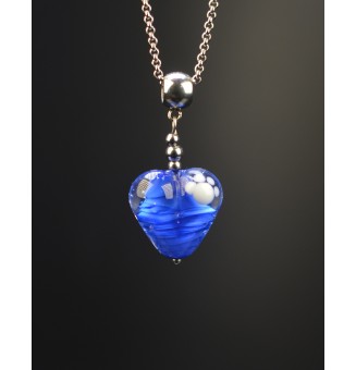 collier COEUR 43 + 3 cm "bleu" perles de verre filé au chalumeau