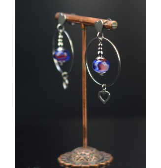 Boucles d'oreilles "rouge et bleu"  en  acier inoxydable avec perles de verre