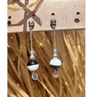 Boucles d'oreilles "blanc noir" acier inoxydable avec perles de verre
