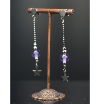 Boucles d'oreilles coeur étoile avec perles de verre violet translucide - acier inoxydable