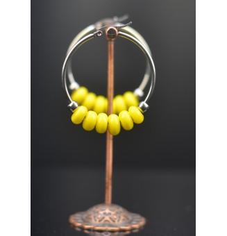Créoles 4 cm en Acier Inoxydable avec perles de verre "jaune fluo"