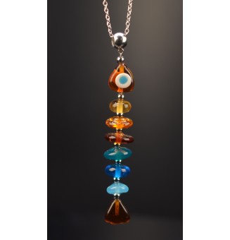 collier poisson artisanal en verre filé CARAMEL et bleu  60 cm