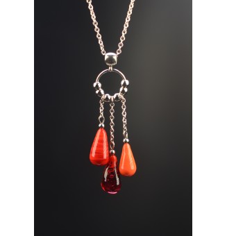 collier gouttes Rouge orange rubis en perles de verre filé - acier inoxydable" perles de verre filé au chalumeau