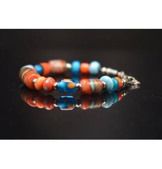 Bracelet ARTISANAL en perles de verre "orange turquoise" CUIR Noir (pour poignet 18.5 à 19.5 cm)