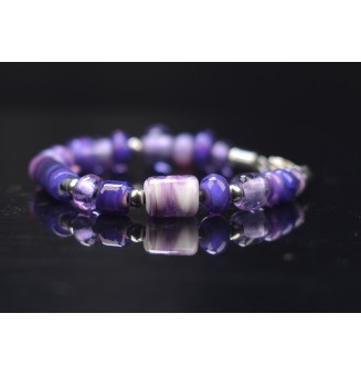 Bracelet ARTISANAL en perles de verre "VIOLET" CUIR Noir (pour poignet 17.5 à 18.5 cm)