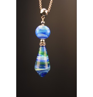 collier artisanal en verre filé au chalumeau  bleu vert - 70 cm -  Acier inoxydable