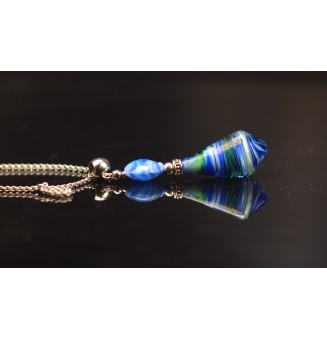 collier artisanal en verre filé au chalumeau  bleu vert - 70 cm -  Acier inoxydable