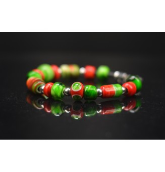 Bracelet ARTISANAL en perles de verre "ROUGE VERT" CUIR Noir (pour poignet 16.5 à 17.5 cm)