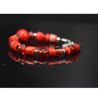 Bracelet ARTISANAL en perles de verre "ROUGE et rubis" CUIR Noir (pour poignet 16.5 à 17.5 cm)