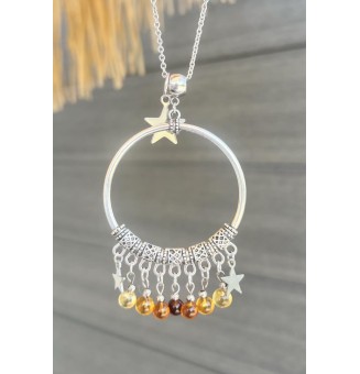 Collier "soleil étoilé" en Perles de Verre JAUNE ET AMBRE et Acier Inoxydable